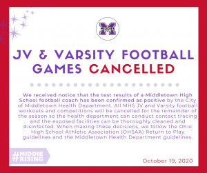 All MHS JV and Varsity football workouts and competitions will be cancelled for the remainder of the season 